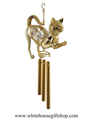 Gold Crouching Cat with Crystals chime Ornament