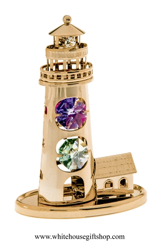 Gold Lighthouse & Cottage Desk Model with Violet & Mint Green Swarovski Crystals