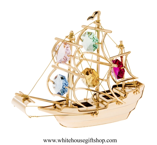 Gold Colored Mayflower Ornament with Mint Green, Light Pink, Rose, Sky Blue, & Golden Yellow SwarovskiÂ® Crystals
