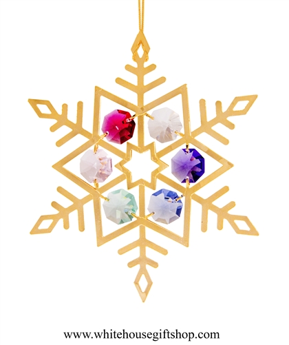 Gold Colored Dendrite Snowflake Ornament with Rose, Violet, Sky Blue, Mint Green, Clear, & Light Pink SwarovskiÂ® Crystals