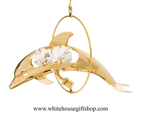 Gold Mini Bottle Nosed Dolphin Circle Ornament with SwarovskiÂ® Crystals