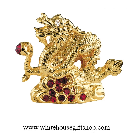 Gold, Birth Year of the Dragon Table Top Display, Ruby Red SwarovskiÂ®  Crystals, Handcrafted, 24KT Gold & Silver Plated on Premium Brass,  Approximately 1''H x 1''L, White House Gift Shop Official Seal,