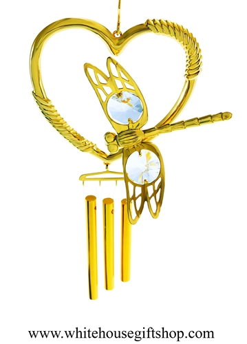 Gold Dragonfly Heart Chime Ornament with SwarovskiÂ® Crystals