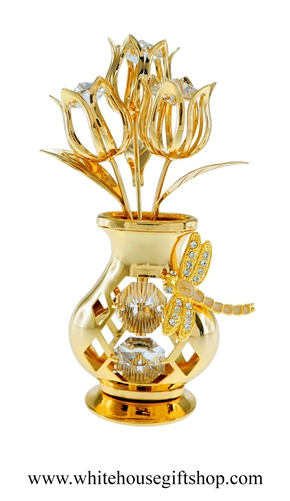 Gold Dragonfly Vase of Tulips Table Top Display with SwarovskiÂ® Crystals
