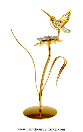 Gold Hummingbird on a Jeweled Flower Table Top Display with SwarovskiÂ® Crystals