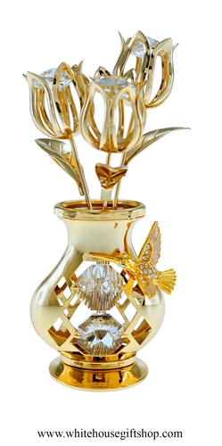 Gold Hummingbird Vase of Tulips Table Top Display with SwarovskiÂ® Crystals