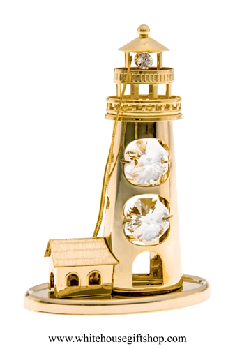 Gold Lighthouse & Cottage Ornament with SwarovskiÂ® Crystals