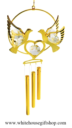 Crystal Gold Love Doves Holding a Heart chime Ornament with SwarovskiÂ® Crystals