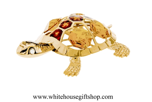 Gold Eastern Painted Turtle Ornament with Amber Swarovski Crystals