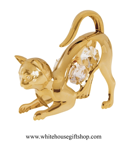 Gold Playful Cat Ornament with Swarovski Crystals