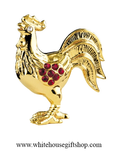 Gold Chinese Zodiac Year of the Rooster Table Top Display with Ruby Red Swarovski Crystals