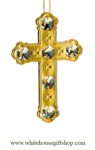 Gold Solid Cross Ornament with Swarovski Crystals