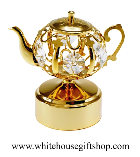 Gold Tea Kettle Music Box with SwarovskiÂ® Crystals