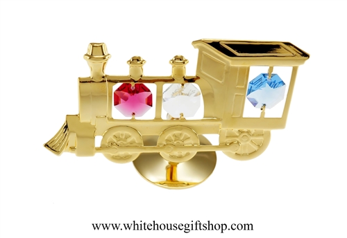 Gold Classic Steam Locomotive Table Top Display with Red, White, & Blue Swarovski Crystals