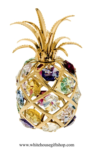 Gold Colorful Tropical Pineapple Ornament with Aquamarine, Rose, Golden Yellow, Clear, Light Pink, Medium Blue, & Violet Swarovski Crystals