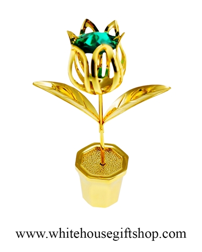 Gold Potted Tulip Table Top Display with Emerald Green SwarovskiÂ® Crystals