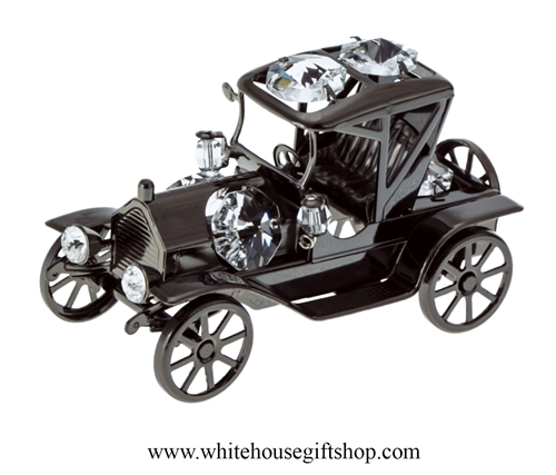 Pewter Metallic Fanciful Henry Ford Model T Car Ornament with Swarovski Crystals