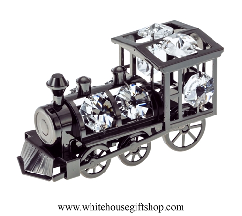 Pewter Metallic Classic Steam Locomotive Ornament with Swarovski Crystals