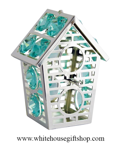 Silver Two Story Birdhouse Ornament with Aquamarine Swarovski Crystals