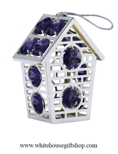 Silver Two Story Birdhouse Ornament with Deep Purple Swarovski Crystals