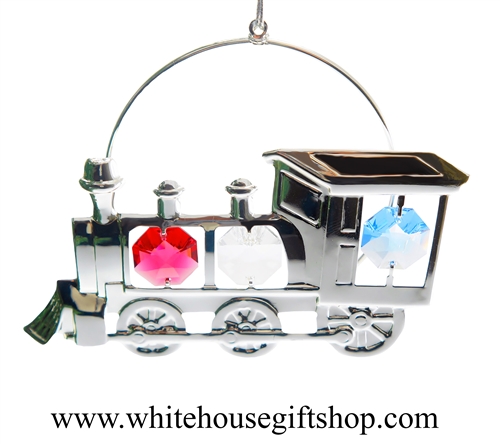 Silver 2-D Classic Steam Locomotive Ornament with SwarovskiÂ® Crystals