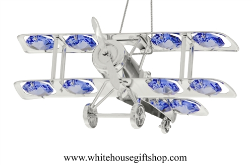 Silver Biplane Ornament with Ocean Blue Swarovski Crystals