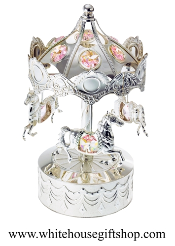 Silver Carousel with Horses Music Box with SwarovskiÂ® Crystals