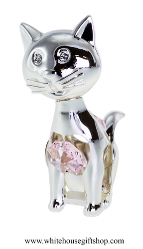 Silver Playful Cartoon Cat Ornament with Light Pink Swarovski Crystals