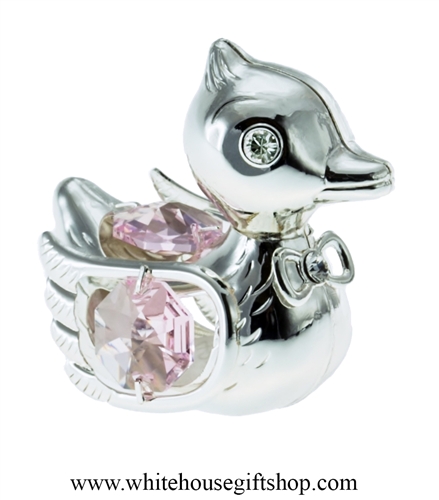 Silver Playful Cartoon Duck Ornament with Light Pink Swarovski Crystals