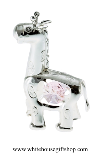 Silver Playful Cartoon Giraffe Ornament with Light Pink Swarovski Crystals