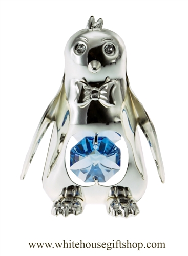 Silver Playful Cartoon Penguin Ornament with Ocean Blue Swarovski Crystals