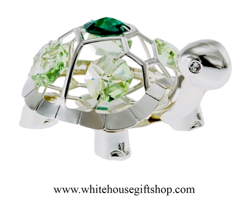 Silver Playful Cartoon Painted Turtle Ornament with Mint Green & Emerald Swarovski Crystals