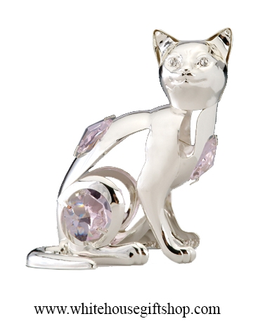 Silver Cat Ornament with Light Pink Swarovski Crystals