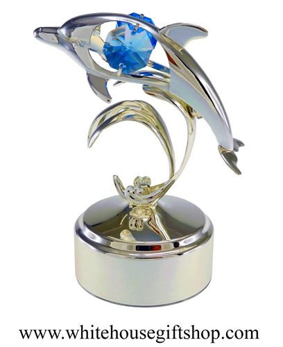 Silver Playful Dolphin With Waves Music Box with Ocean Blue SwarovskiÂ® Crystals