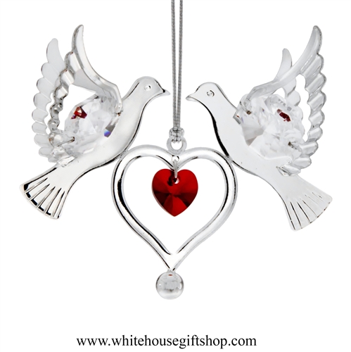 Silver Doves Holding a Heart Ornament with Rose Red Swarovski Crystals