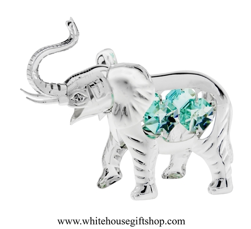 Silver Elephant with Raised Trunk Ornament with Turquoise Swarovski Crystals