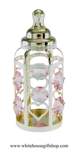 Silver Baby Girl's Classic Bottle Ornament with Light Rose Pink Swarovski Crystals