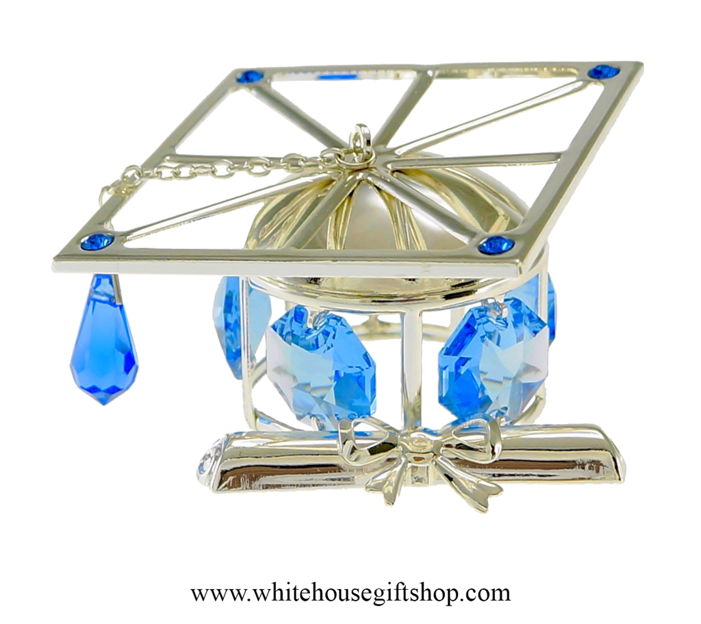 Ornament, Silver Graduation Cap & Diploma Ornament or Desk Model, Ocean  Blue SwarovskiÂ® Crystals, Handcrafted, Silver Plated on Premium Brass,  1.5"H x 2"W, White House Gift Shop Official Seal on Box Lid,