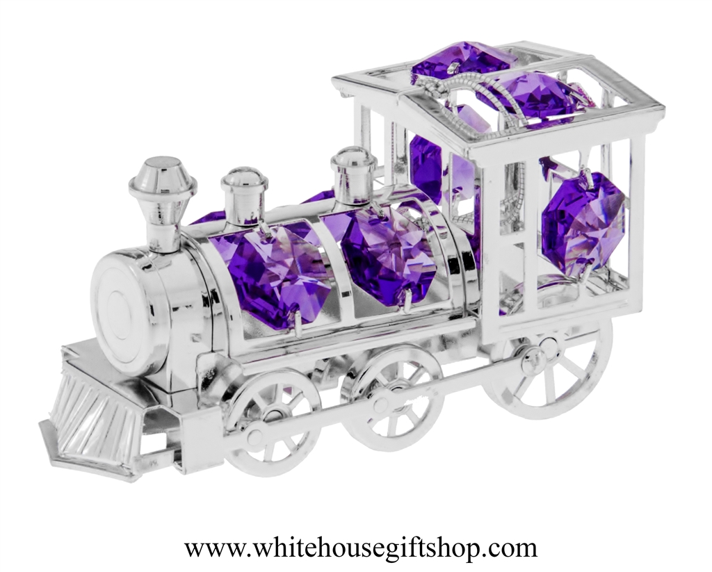 Ornament, Silver Classic Steam Locomotive Ornament or Desk Model, Violet  SwarovskiÂ® Crystals, Handcrafted, Silver Plated on Premium Brass, 1.75"H x  1.5"W, White House Gift Shop Official Seal on Box Lid, Hand Assembled