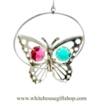 Silver Mini Butterfly Circle Ornament with Rose and Turquoise Swarovski Crystals