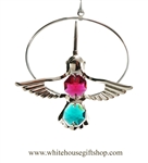 Silver Mini Hummingbird Circle Ornament with Rose and Turquoise Swarovski Crystals