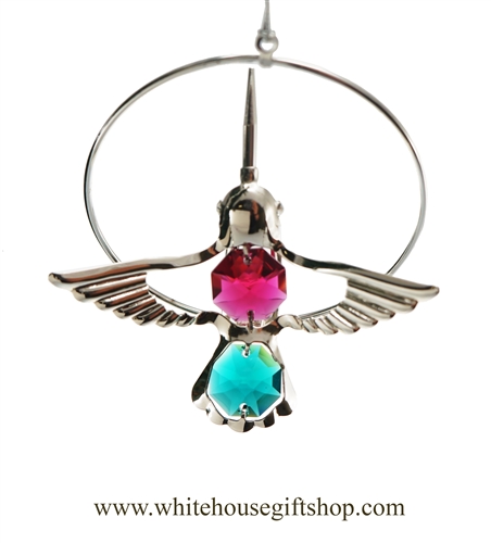 Silver Mini Hummingbird Circle Ornament with Rose and Turquoise Swarovski Crystals