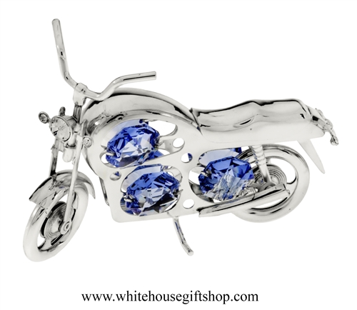 Silver Classic Motorcycle Ornament with Deep Blue Swarovski Crystals