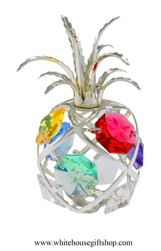 Silver Mini Pineapple Ornament with  Aquamarine, Golden Yellow, Rose, Violet, Rose, & Clear Swarovski Crystals