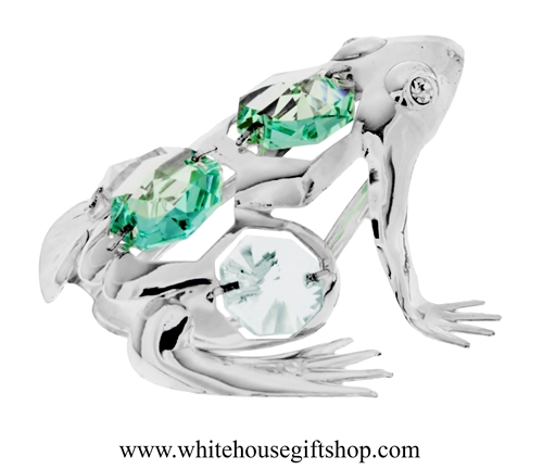 Silver Northern Tree Frog Ornament with Turquoise Green Swarovski Crystals
