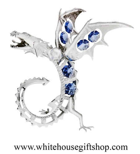Silver Winged Dragon Table Top Display with Ocean Blue SwarovskiÂ® Crystals