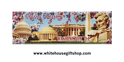 Washington DC Cherry Blossom Magnet with White House, US Capitol, DC Monuments, Rectangular Bar Magne