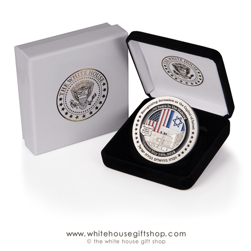 US Embassy Jerusalem, American Embassy Israel coin, Limited Edition 1500 coins, numbered, certificates, custom coin cases, commemorating relocation of Capital City and Embassy to Jerusalem, May 2018 by President Trump and Ambassador David Friedman.