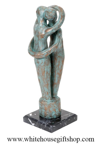 Wedding Rings, Embrace Statue, 16 inches Tall, 7.8 pounds,  Based on Peter-Lipmnan Wulf's Wedding Rings Sculpture, Verdigris, Marble Base