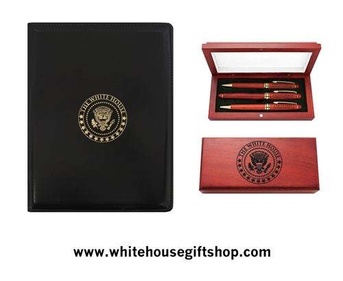 The White House Presidential Folio Set, Two Rosewood Pens, One Mechanical Pencil Set, Display & Presentation Case, Felt Lined, Hinged, Padfolio Holds 8.5" x 11"